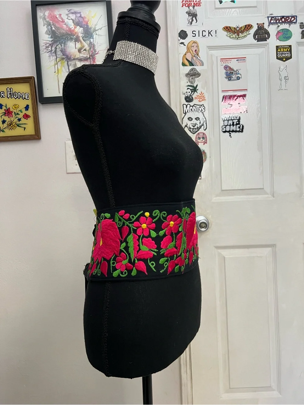 Embroidered Floral Waist Belt in Black with Pink & Green